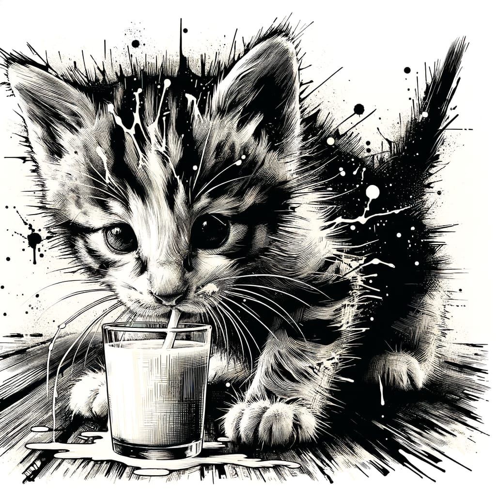 Kitten Drinking Milk in Bold Digital Ink Painting