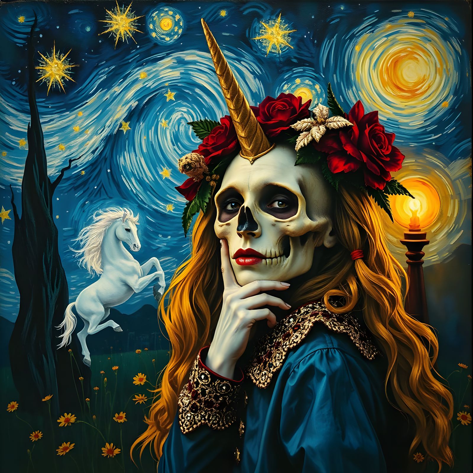 Undead Gnome in Chaotic Starry Night, Van Gogh Rembrandt Fus...