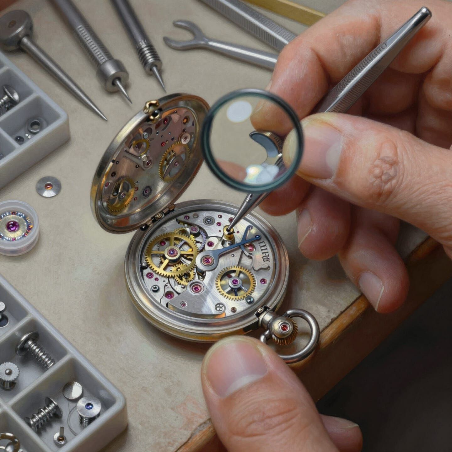 Hyperrealist Watchmaker Repairing Vintage Pocket Watch Movem...