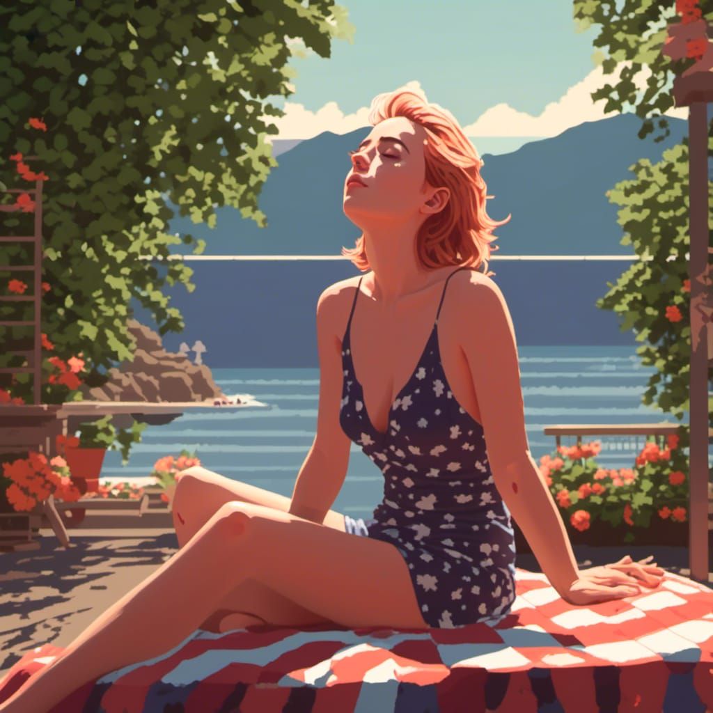 Siobhan Sunbathing: Linocut Oil Portrait