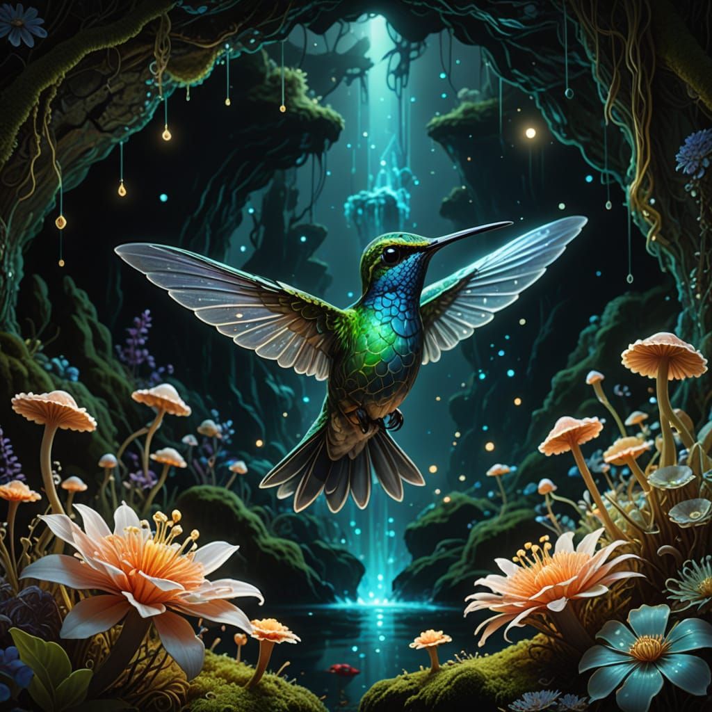 Bioluminescent Hummingbird in Glowing Grotto