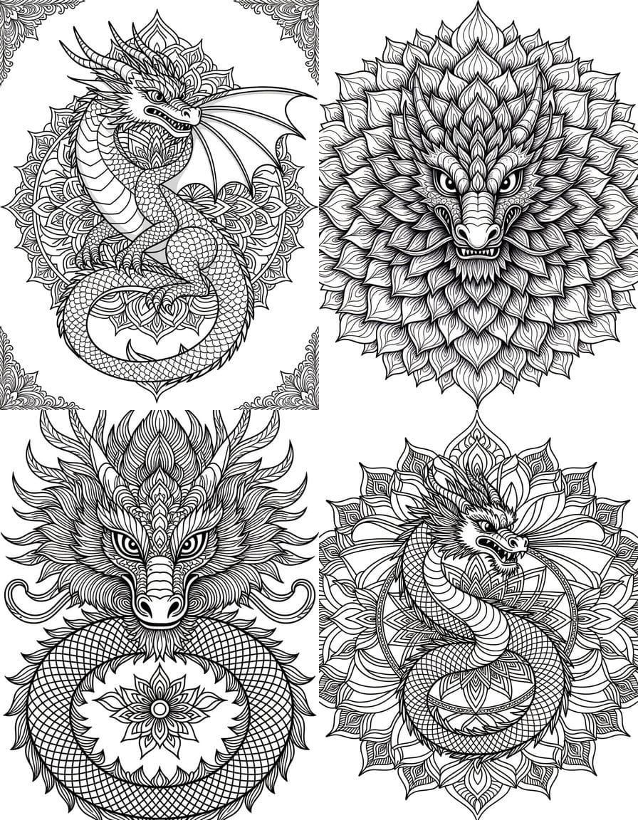 Dragon Mandala Coloring Page Line Art