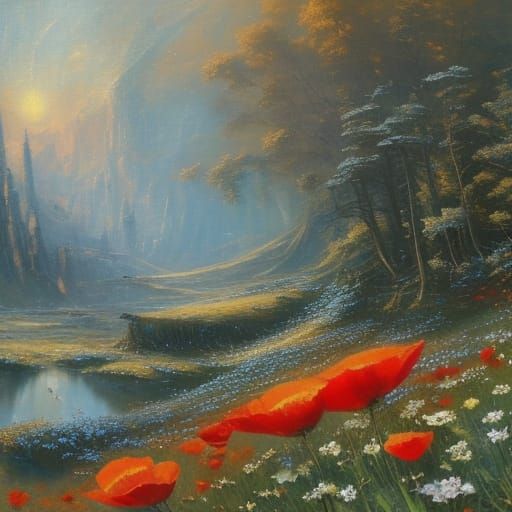 Arctic Fox Among Poppies in Neo-Impressionism Style