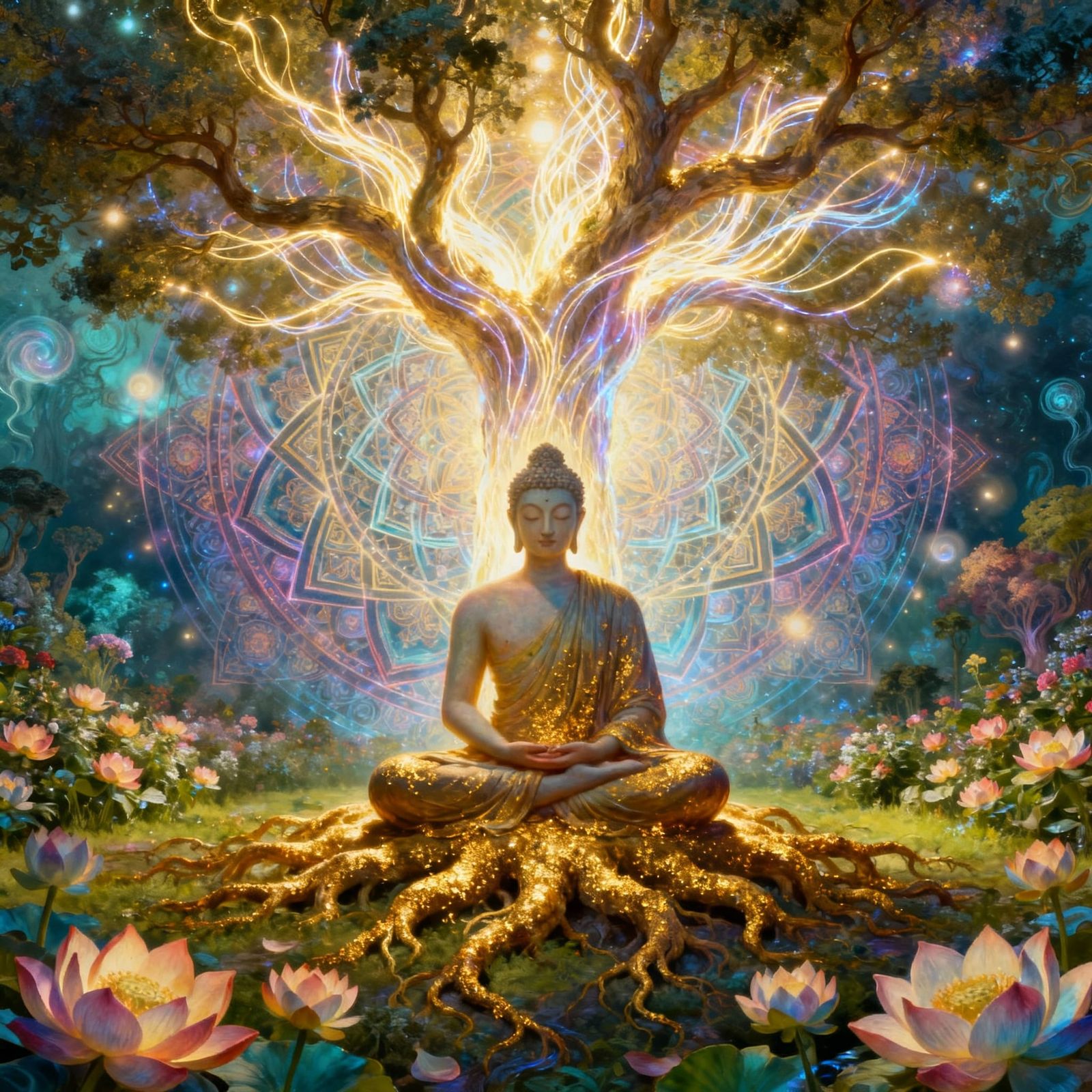 Meditating Figure Under Radiant Tree in Luminous Garden