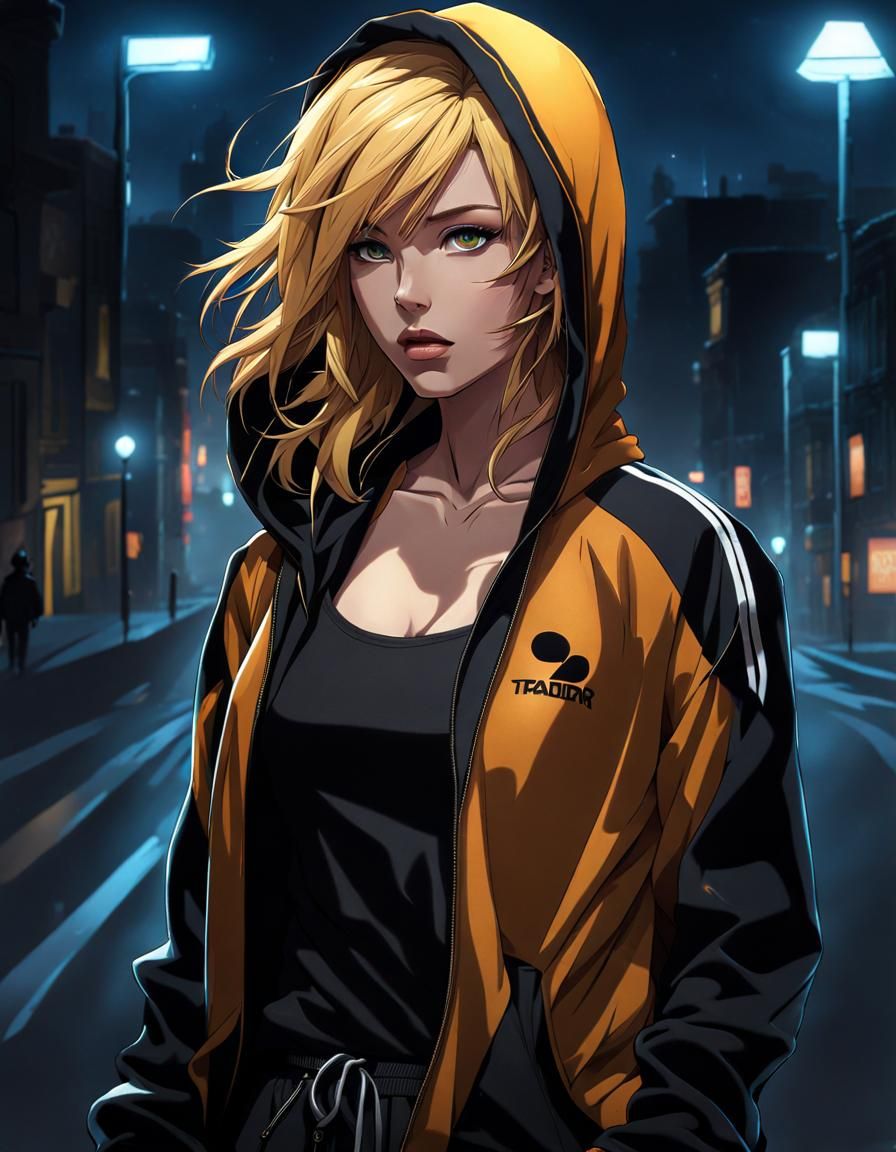 Anime Portrait: Blonde Woman Walks Alone at Night