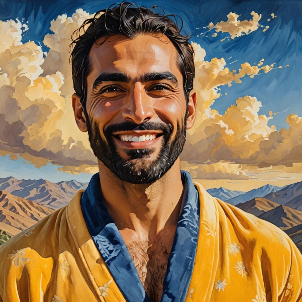 Expressionist Portrait of Smiling Man in Bathrobe