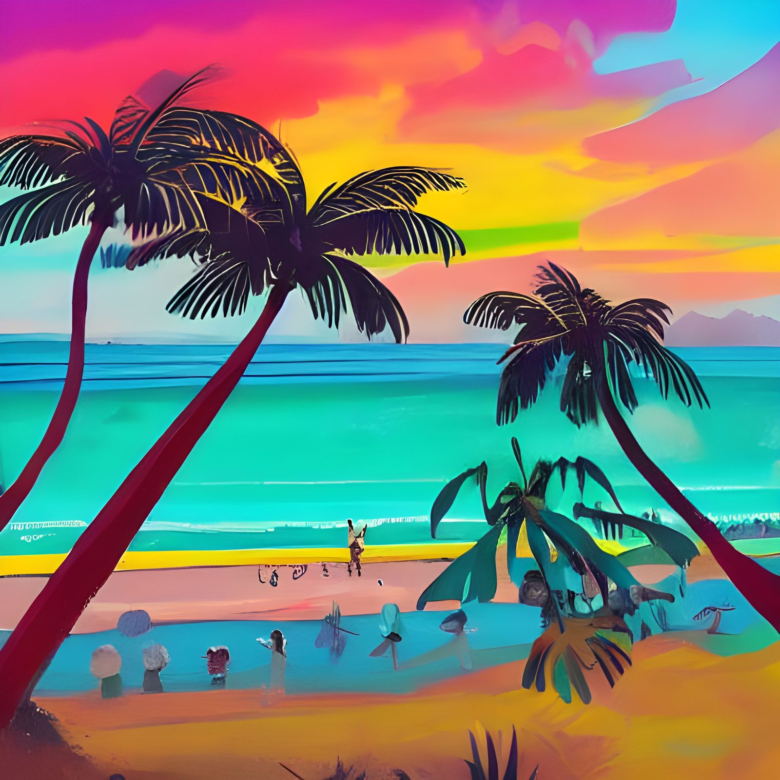 Surreal Tropical Oasis at Sunset in Graphic Novel Style