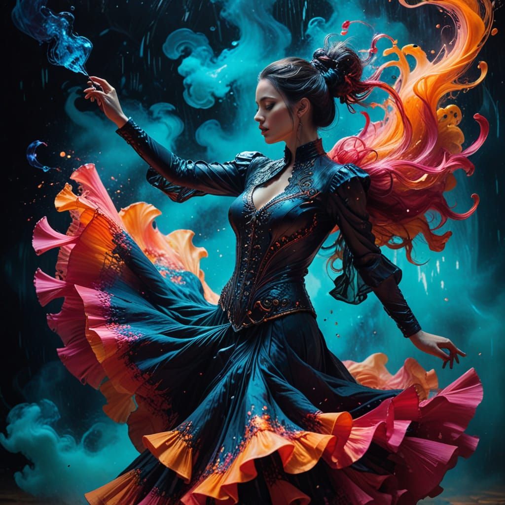 Surreal Flamenco Dancer in a Swirling Storm of Colors