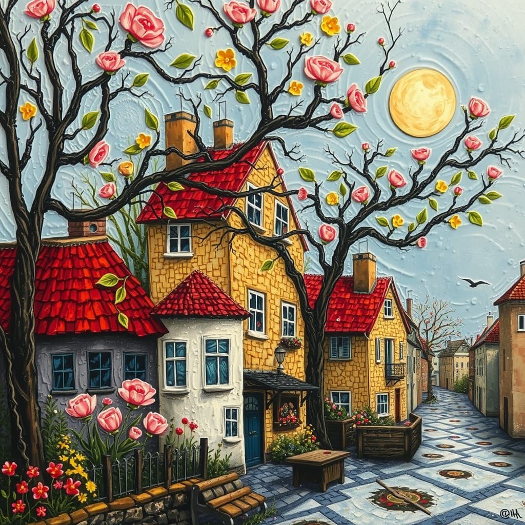 Scandinavian Springtime Cityscape in Naive Style