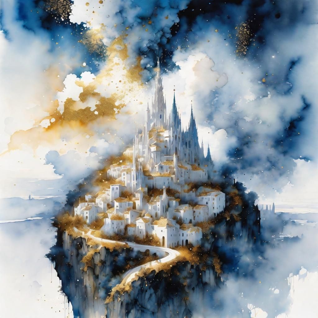 Magical White Village Escapes from Book in Watercolor