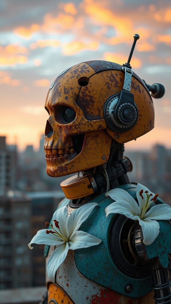 Retrofuturistic Robot with Lilies in Francis Bacon Style