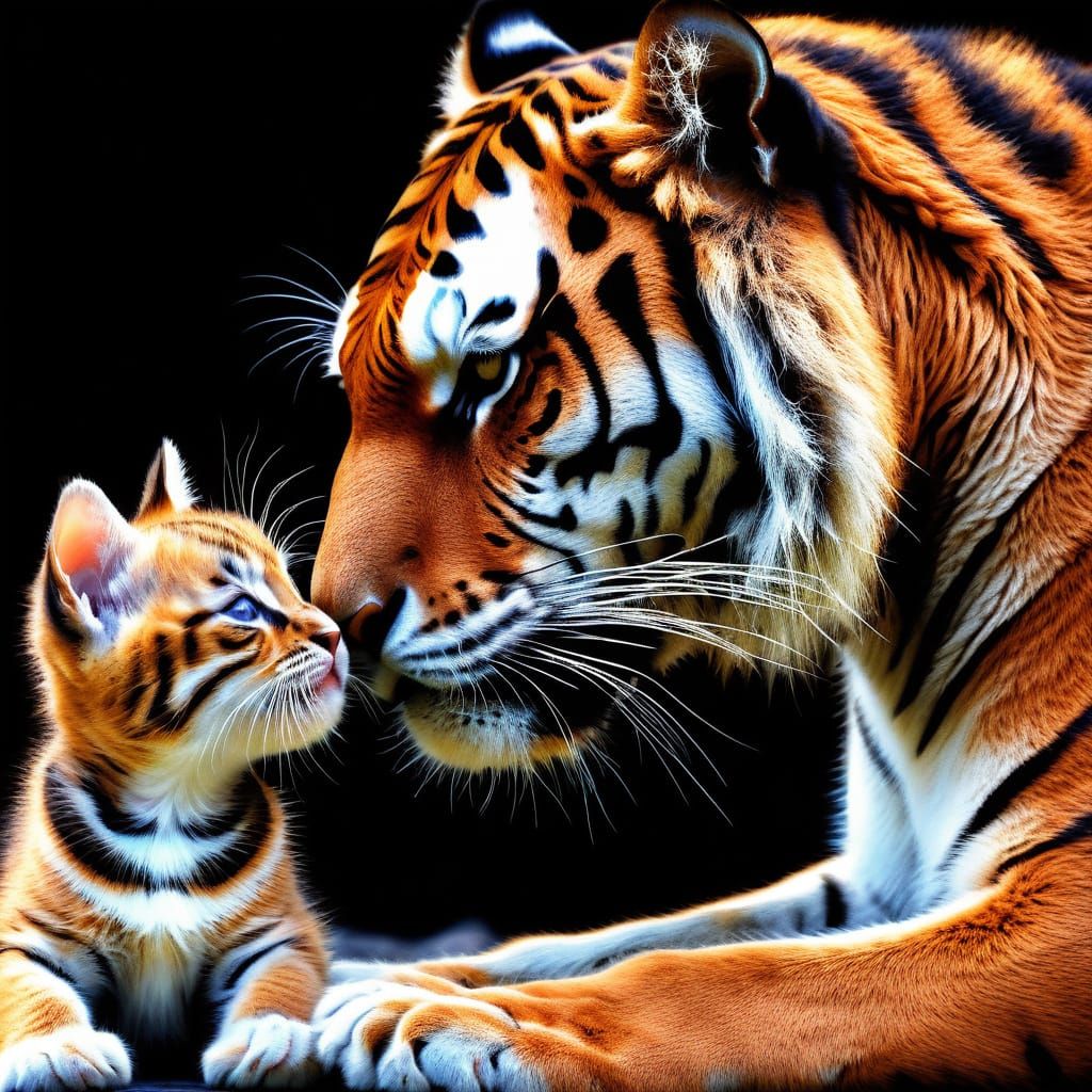 Tiger and Kitten Engage in Intimate Moment