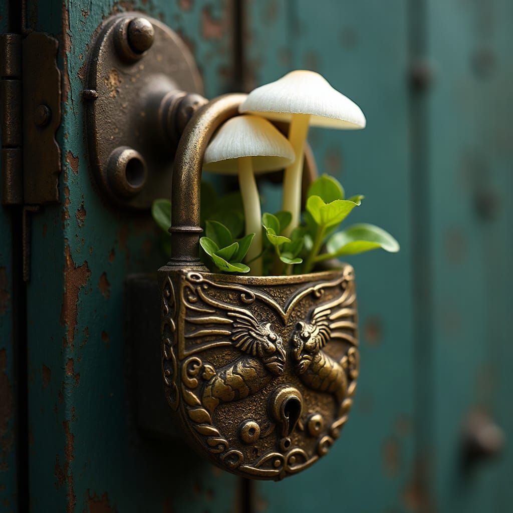 Glowing Mushroom Sprouts Breaking Through Fantasy Padlock