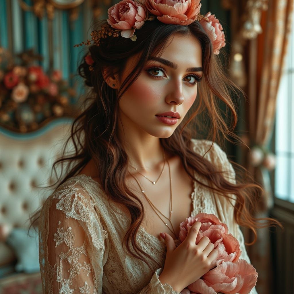 Victorian Bedroom with Macedonian Beauty in Retro Style