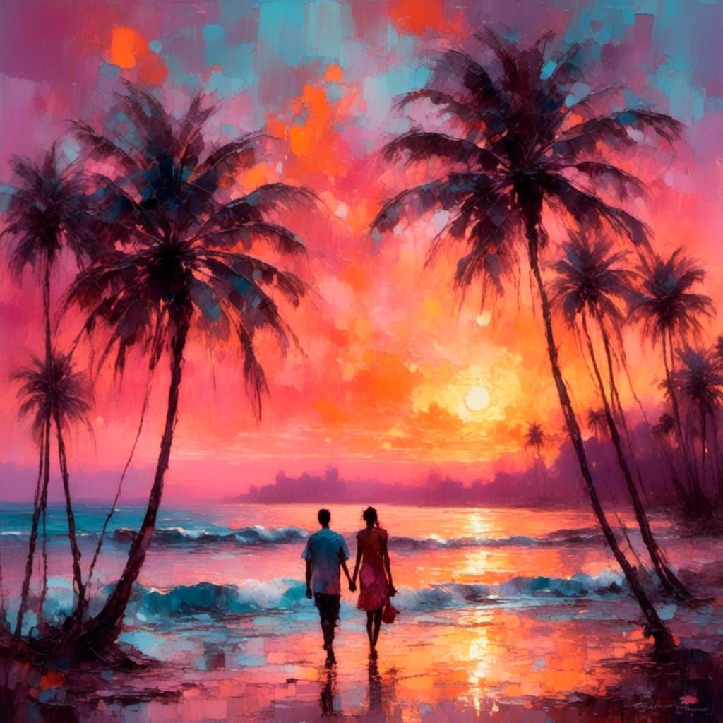 Serene Sunset Beach: Golden Hour Oil Painting