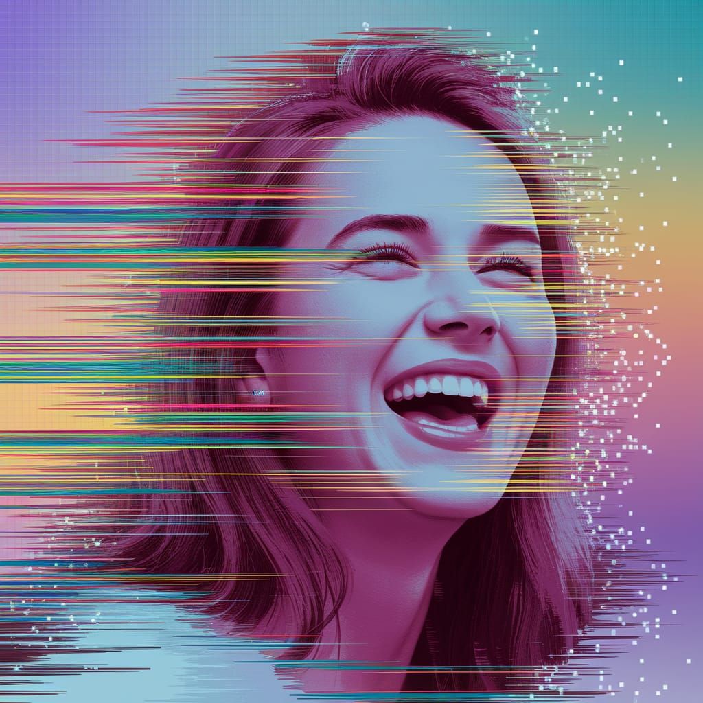 Surreal Glitch Portrait of Laughing Mother in Digital Art