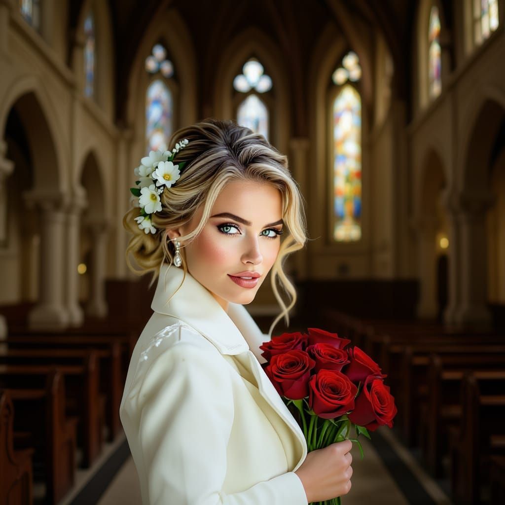 Elegant Bride with Red Roses, Hyper-Realistic Portrait