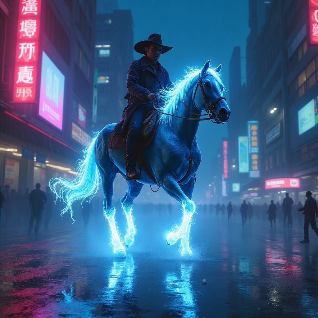 Cyberpunk Cowboy Rides Electric Horse Through Futuristic Cit...