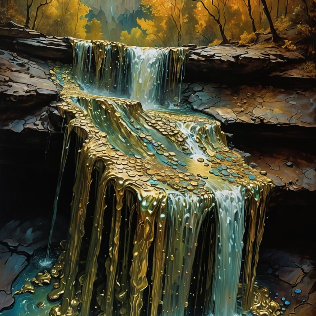Money Waterfalls in Molten Gold Lake: Surreal Oil Painting