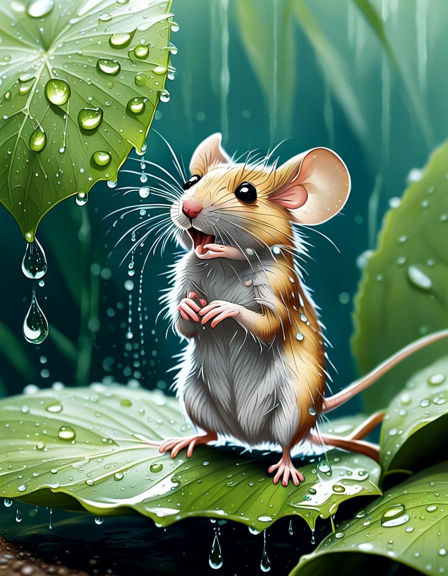 Cute Mouse Showering Under Leaf, Disney Cartoon Style