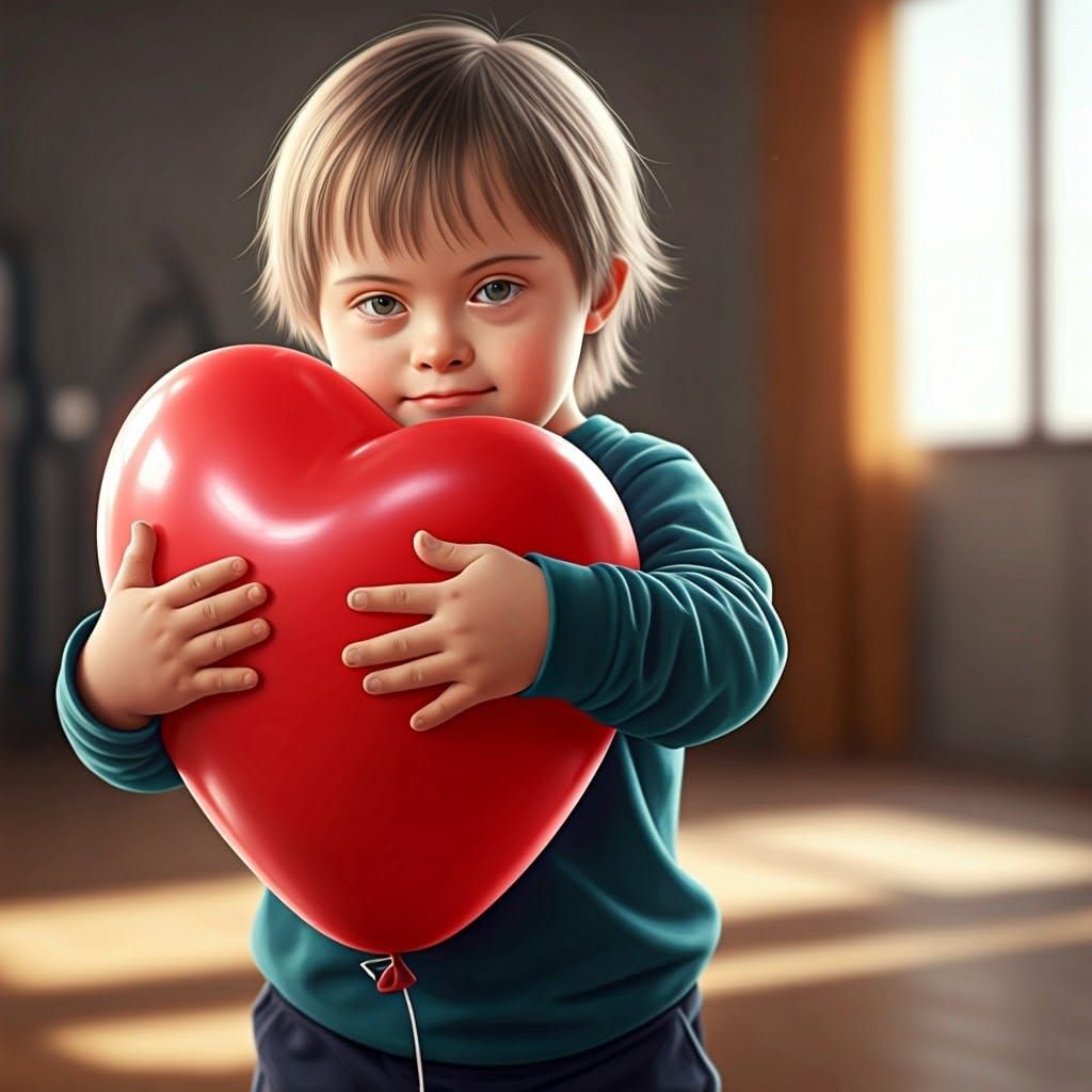 Sweet Down Syndrome Child Hugs Heart Balloon in Vibrant, Joy...