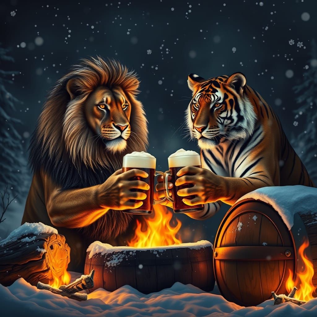 Regal Lion and Tiger Share Campfire Serenity in Snowy Wilder...