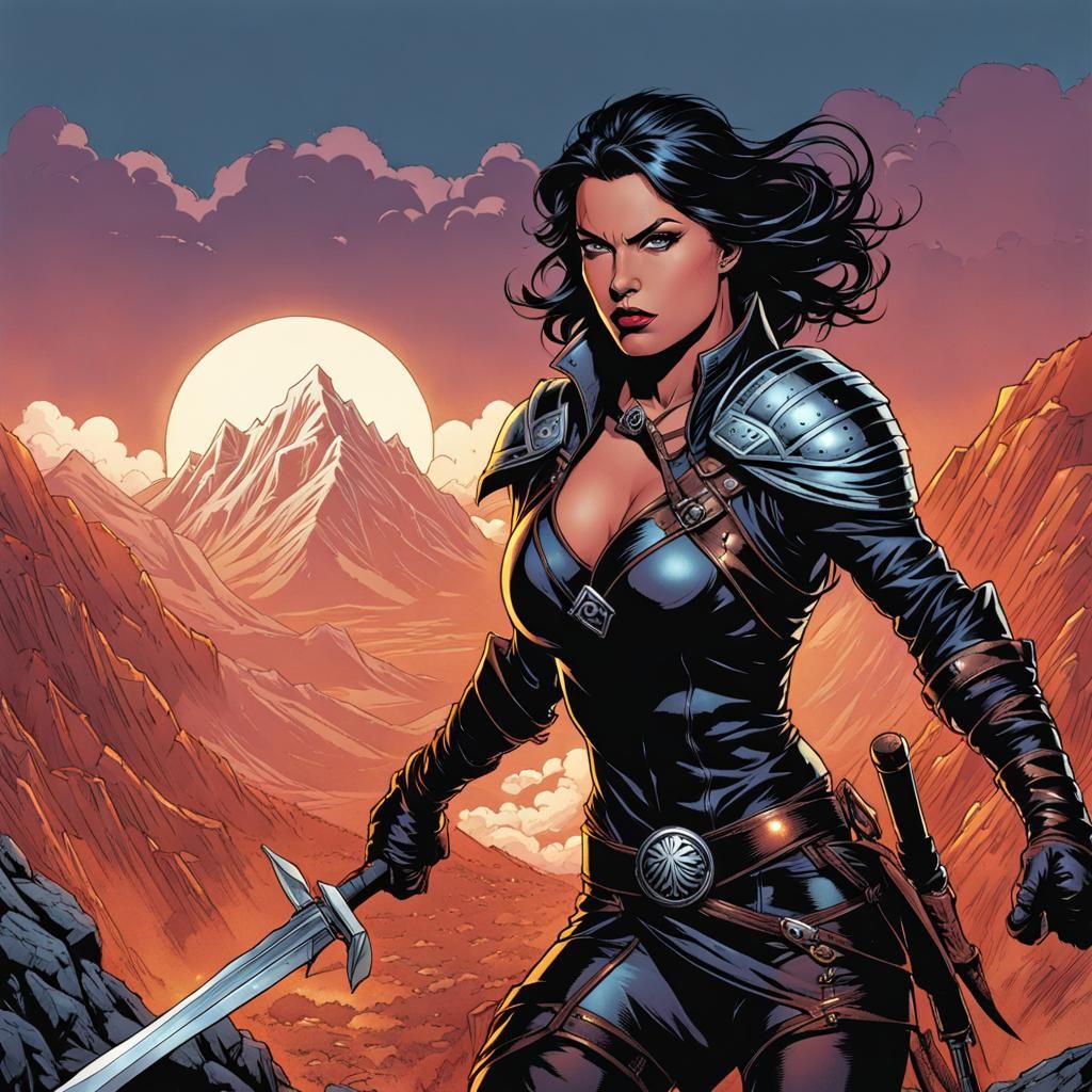 Strong Warrior Woman on Mountain, Comic Book Art