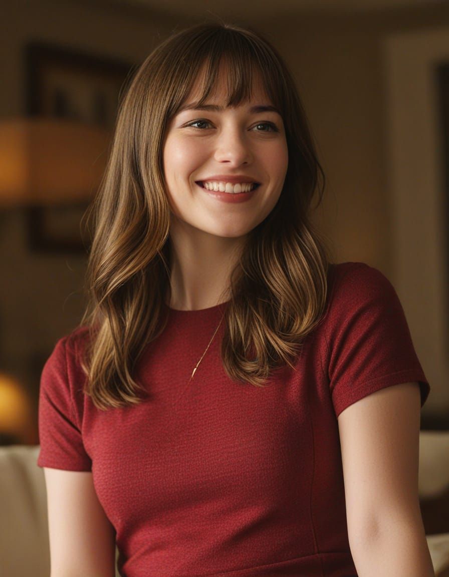 Timeless Portrait of a Smiling Woman in Warm Living Room Lig...