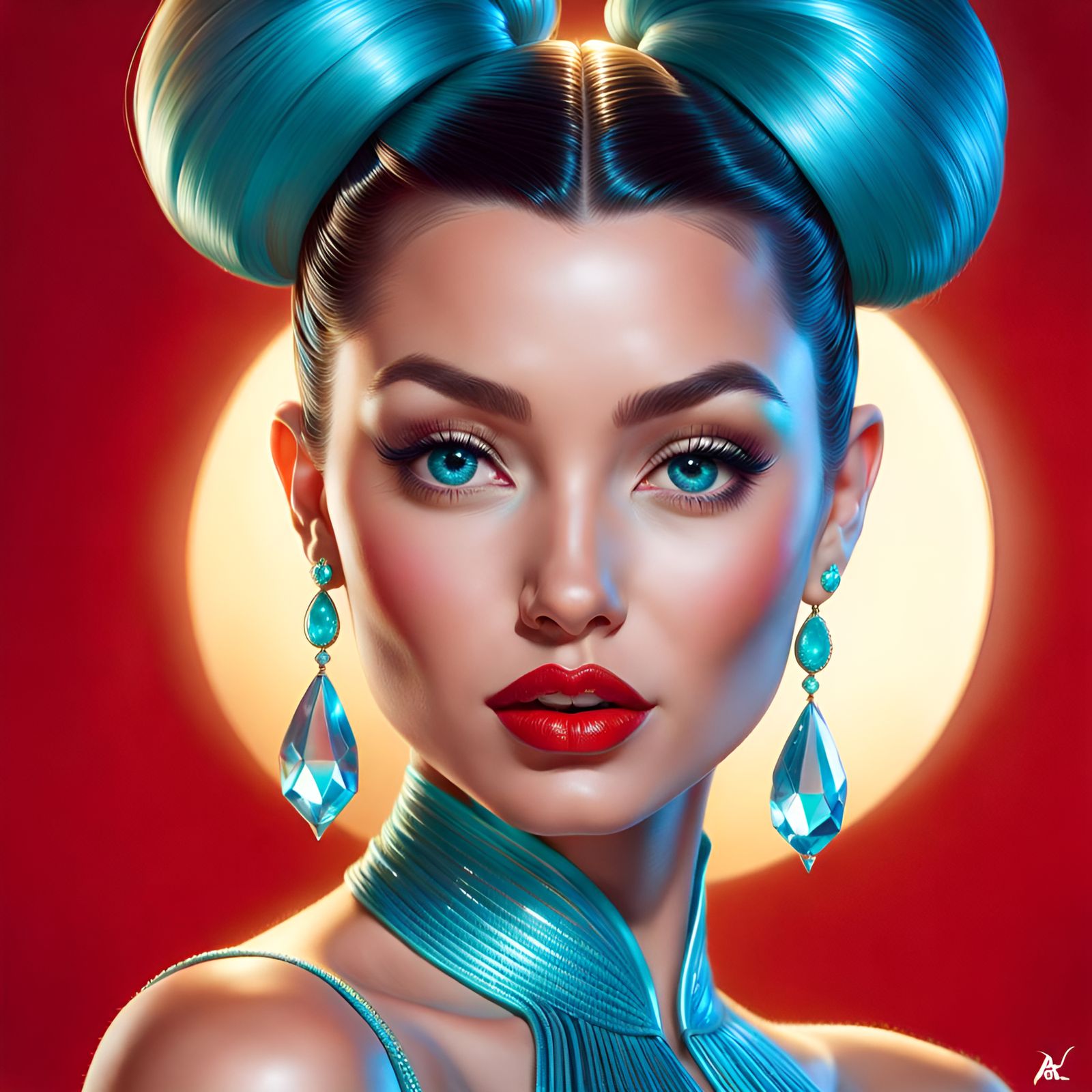 Gorgeous Woman with Cyan Jewels, Hyper-Detailed 3D Art
