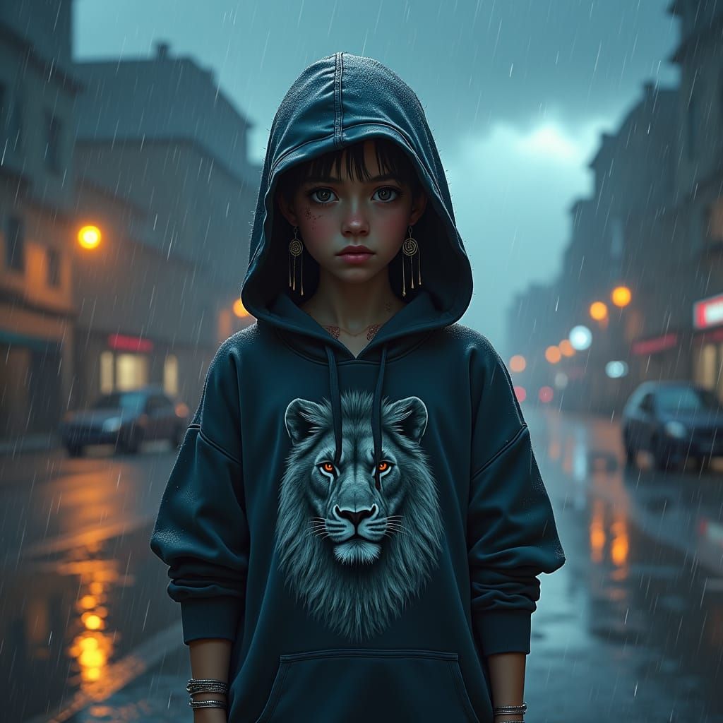 Rainy Night Cityscape with Lion Hoodie, Digital Art