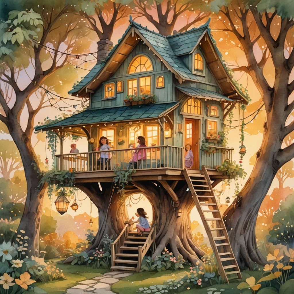 Girls in Treehouse, Whimsical Children's Book Illustration
