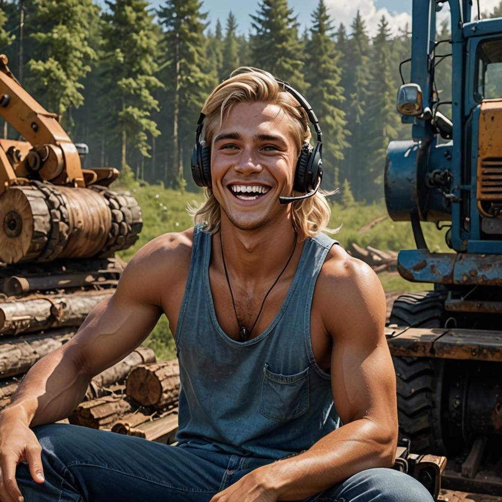 Hyperrealistic Portrait of Young Man on Logging Equipment