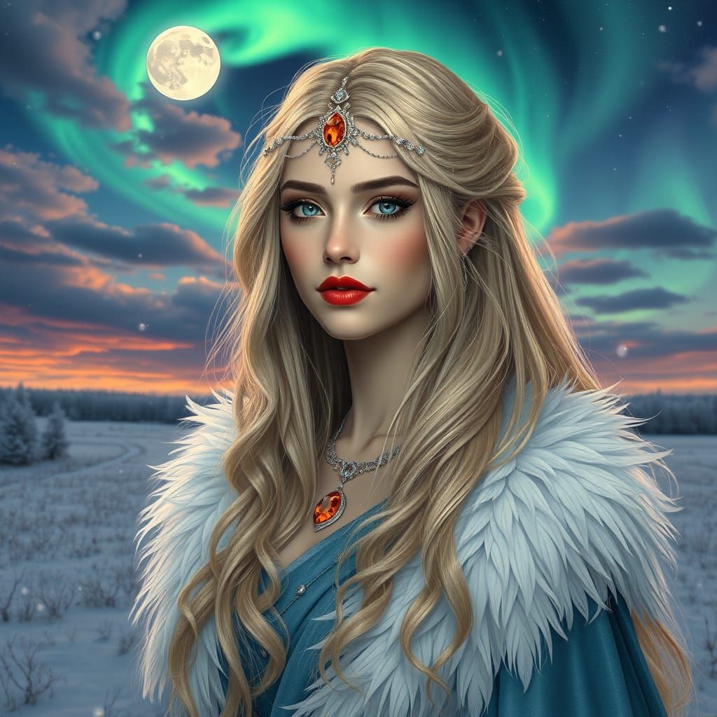 Ethereal Goddess in Snowy Landscape, Inspired by Cyberpunk a...