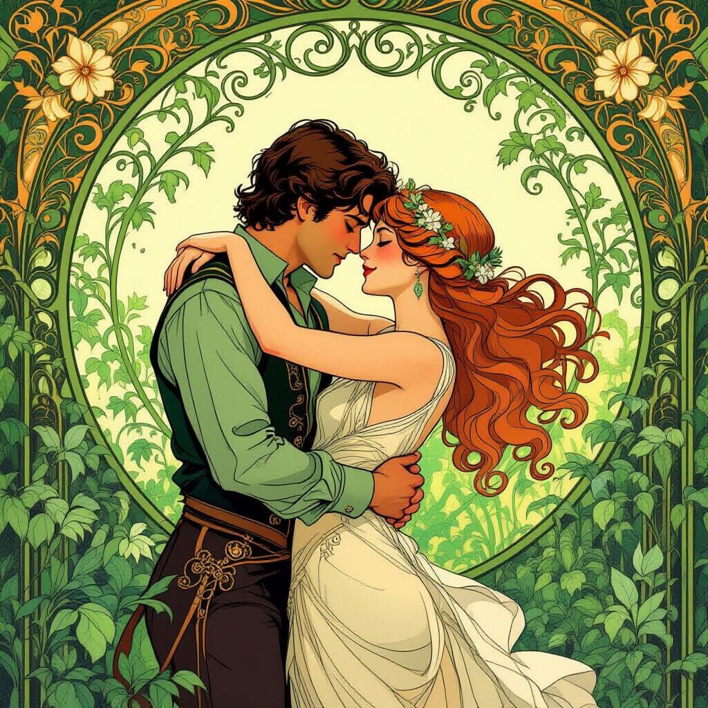 Romantic Couple Embracing in Art Nouveau Style