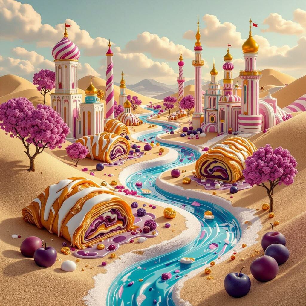 Whimsical Strudel City with Fudge Rivers in Pop Art Style