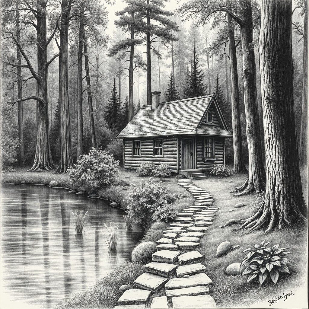 Rustic Cottage in Forest: Charcoal Drawing in Old Master Sty...