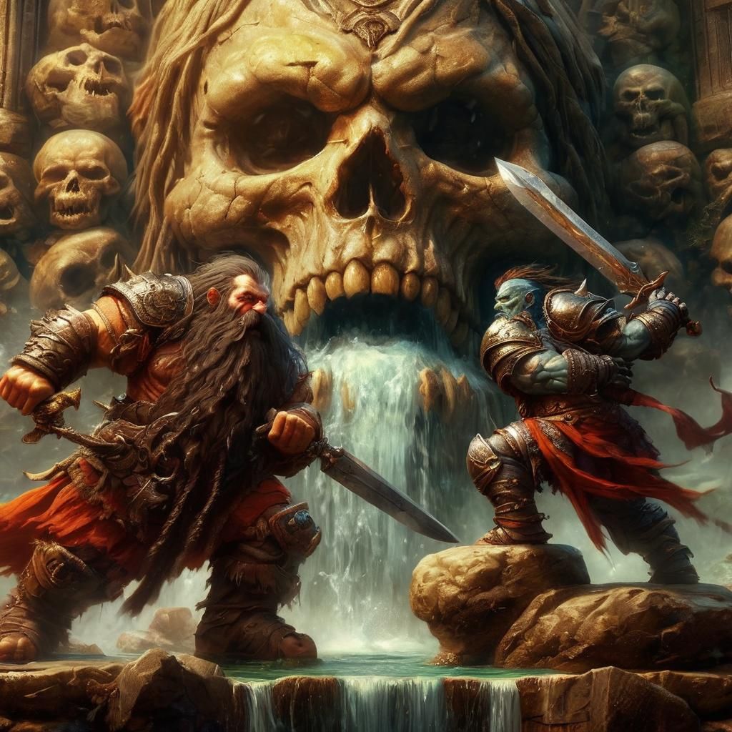 Dwarf and Orc Combat Before Skull Statue