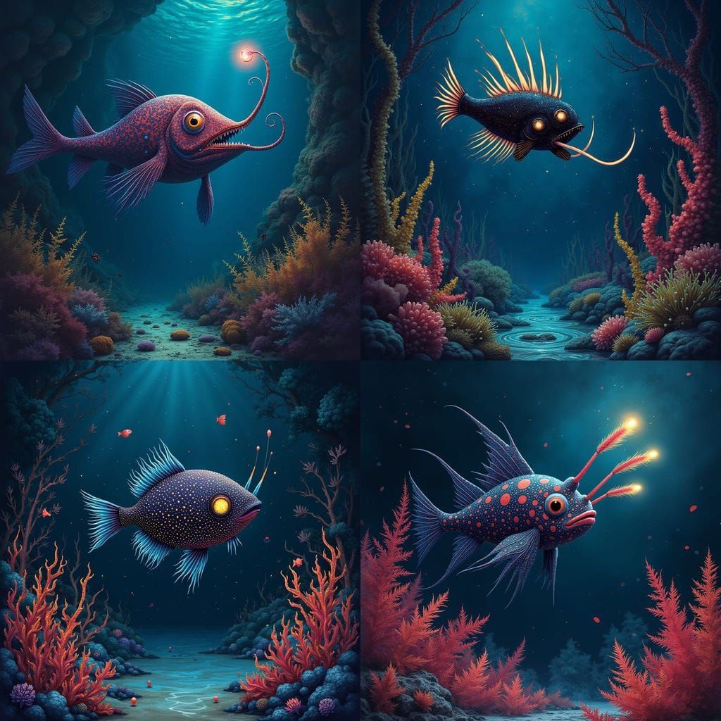 Surreal Anglerfish in Bioluminescent Kelp Forest