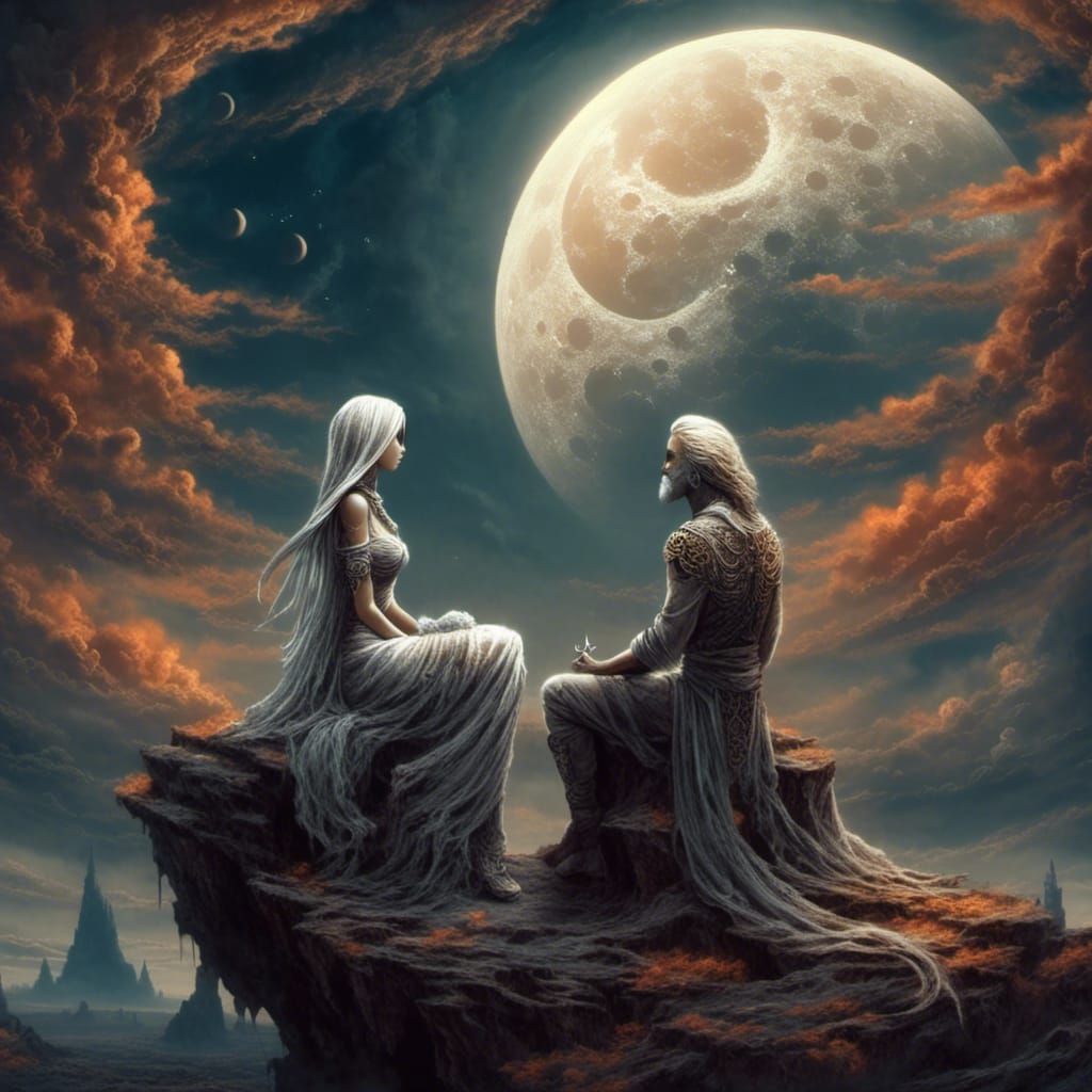 Fantasy Art: Couple Gazing at Moon in Love