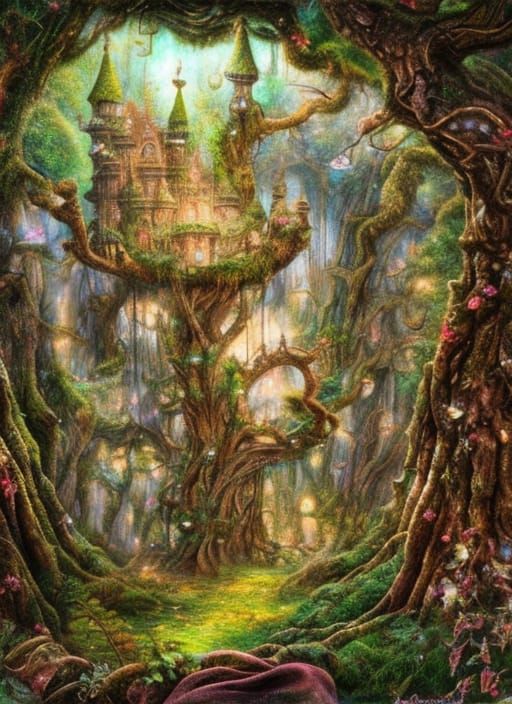 Fairy Castle in Moss-Covered Tree Branches