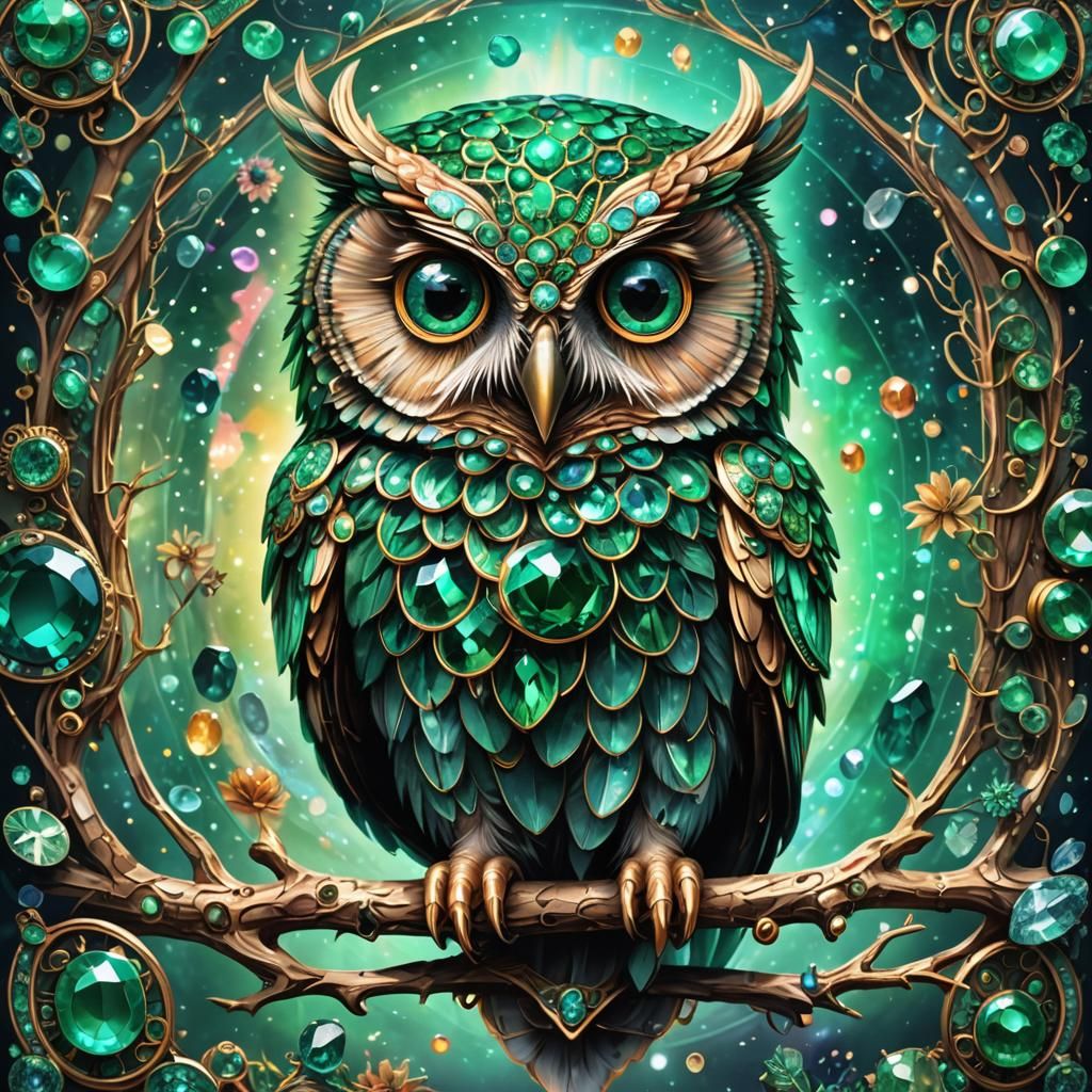 Gemstone Owl with Googly Eyes: Cosmic Astral Art