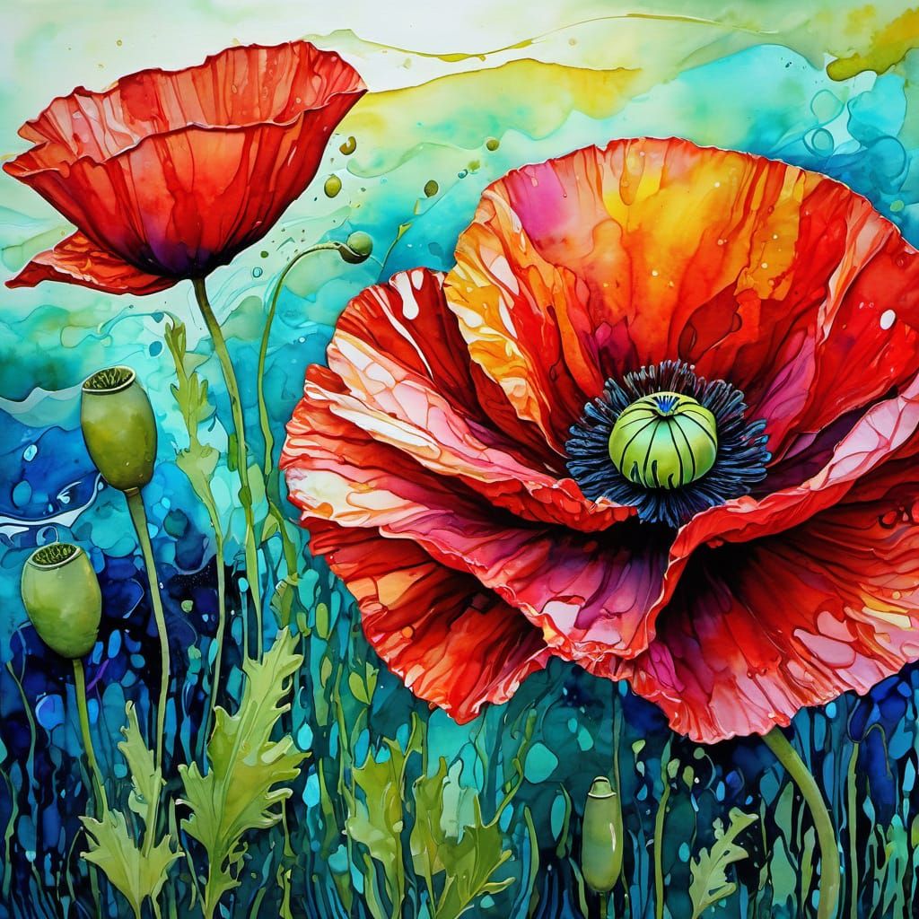 Vibrant Alcohol Ink Poppy Field with River