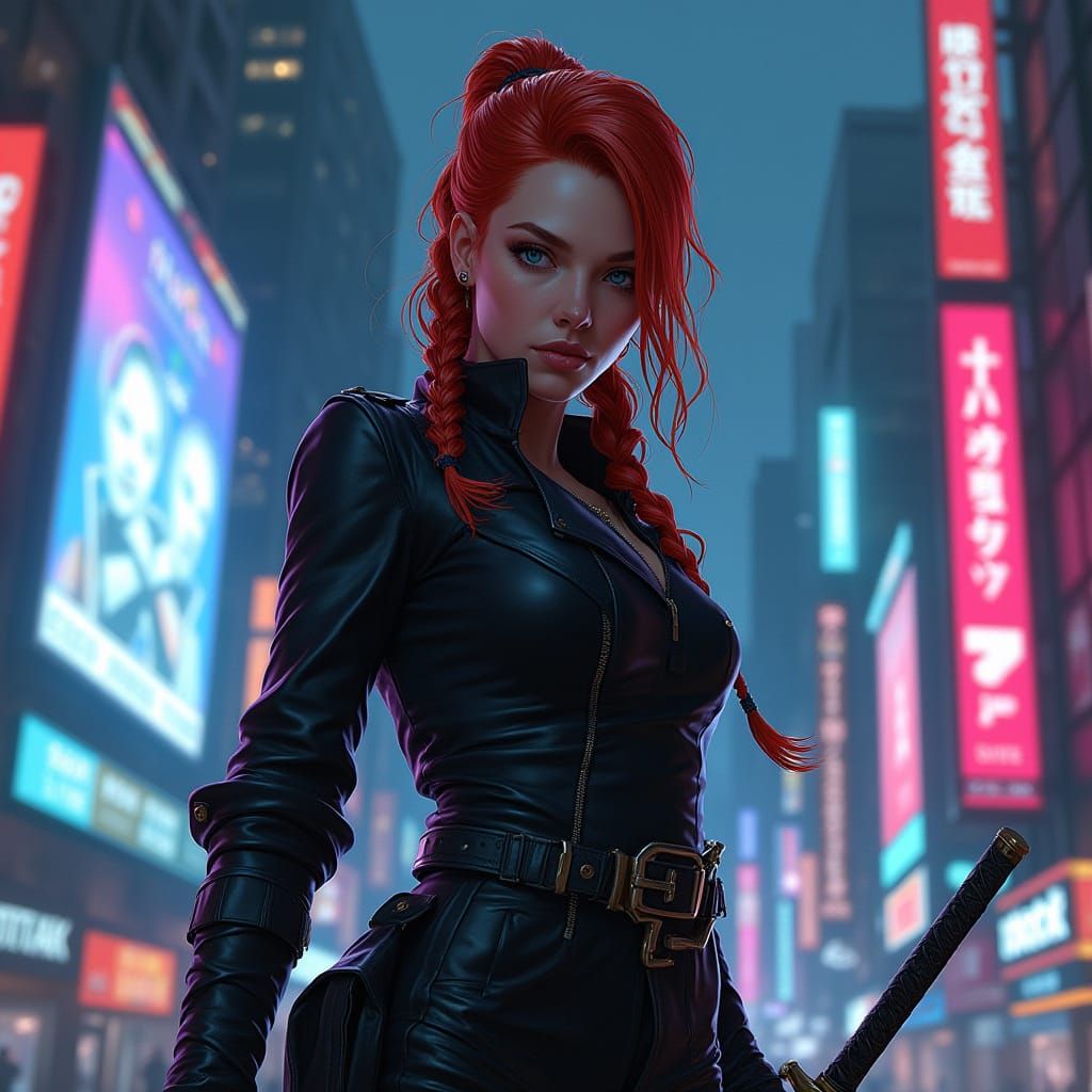 Cyberpunk Woman with Red Hair and Katana