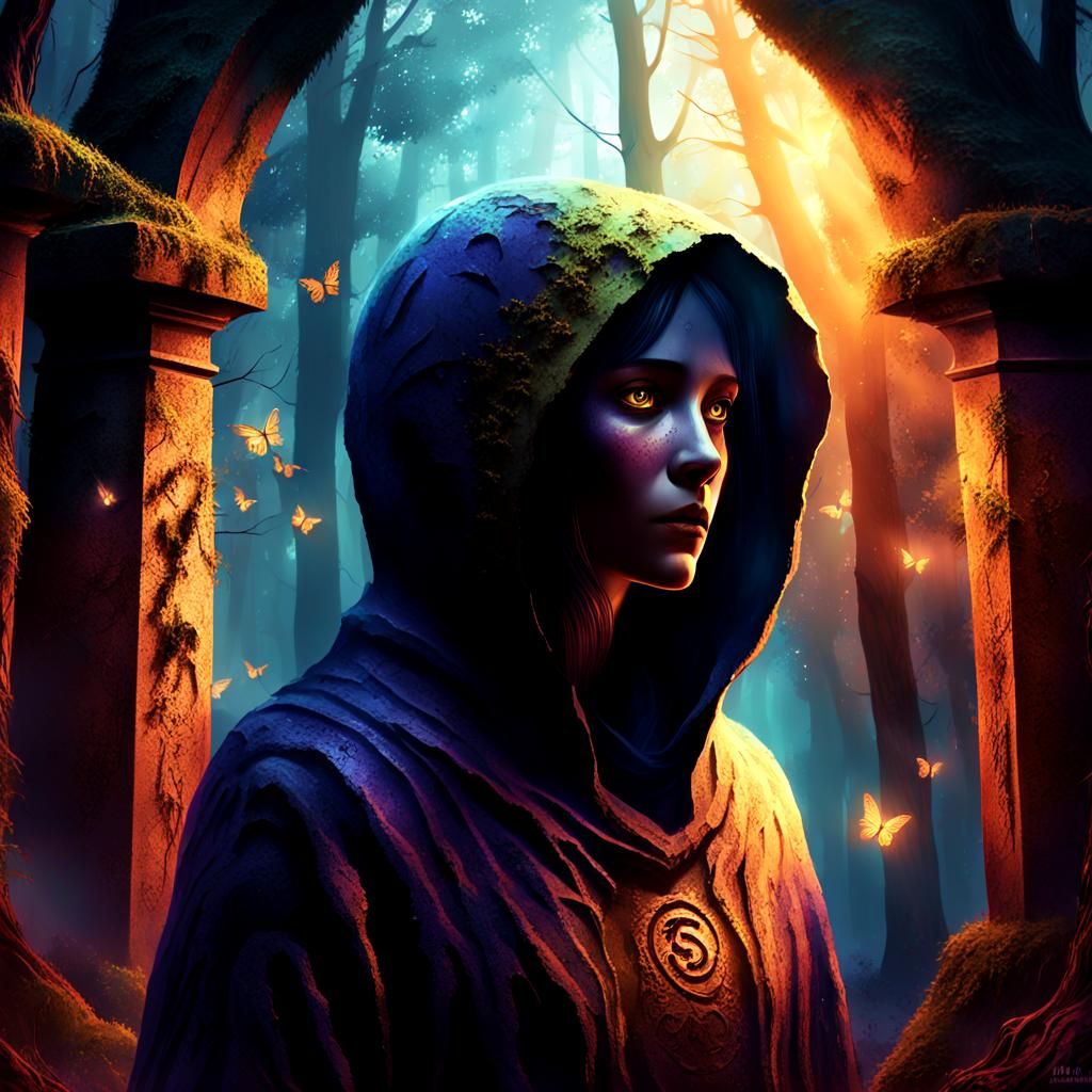 Eerie Forest Figure on Stone Pedestal