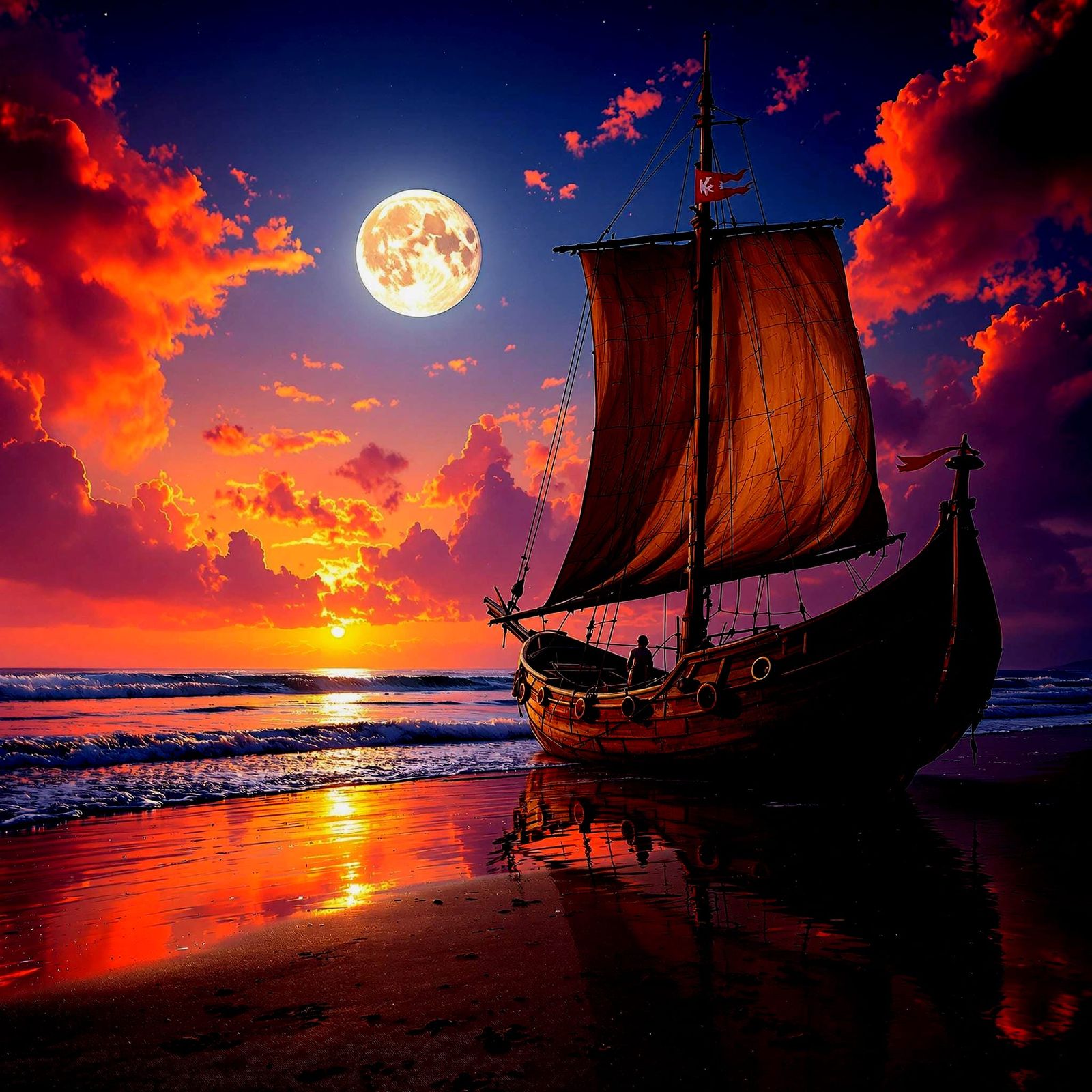 Hyperdetailed Sailboat Under Moonlit Sunset