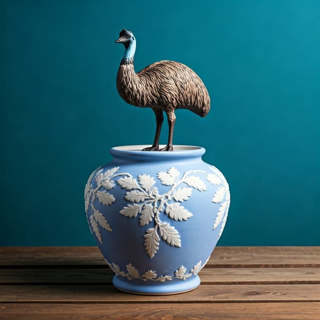Wedgewood Jasperware Emu on Ceramic Urn in Blue and White