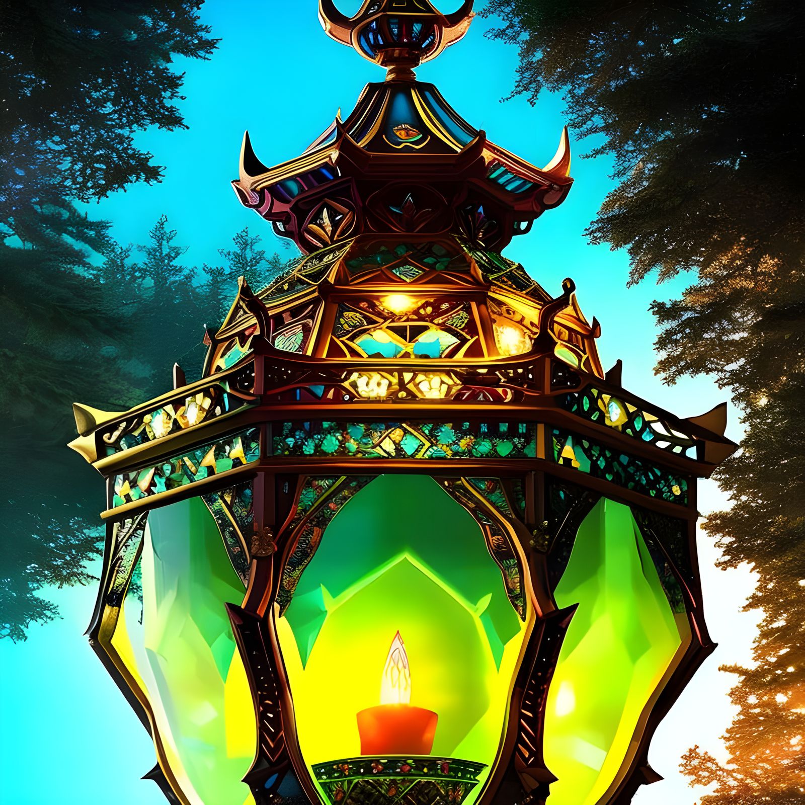 Magical Glass Lantern with Jewel Ornaments in Digital Art