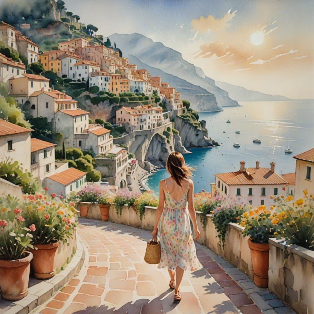 Woman Walks Amalfi Coast in Watercolor Style