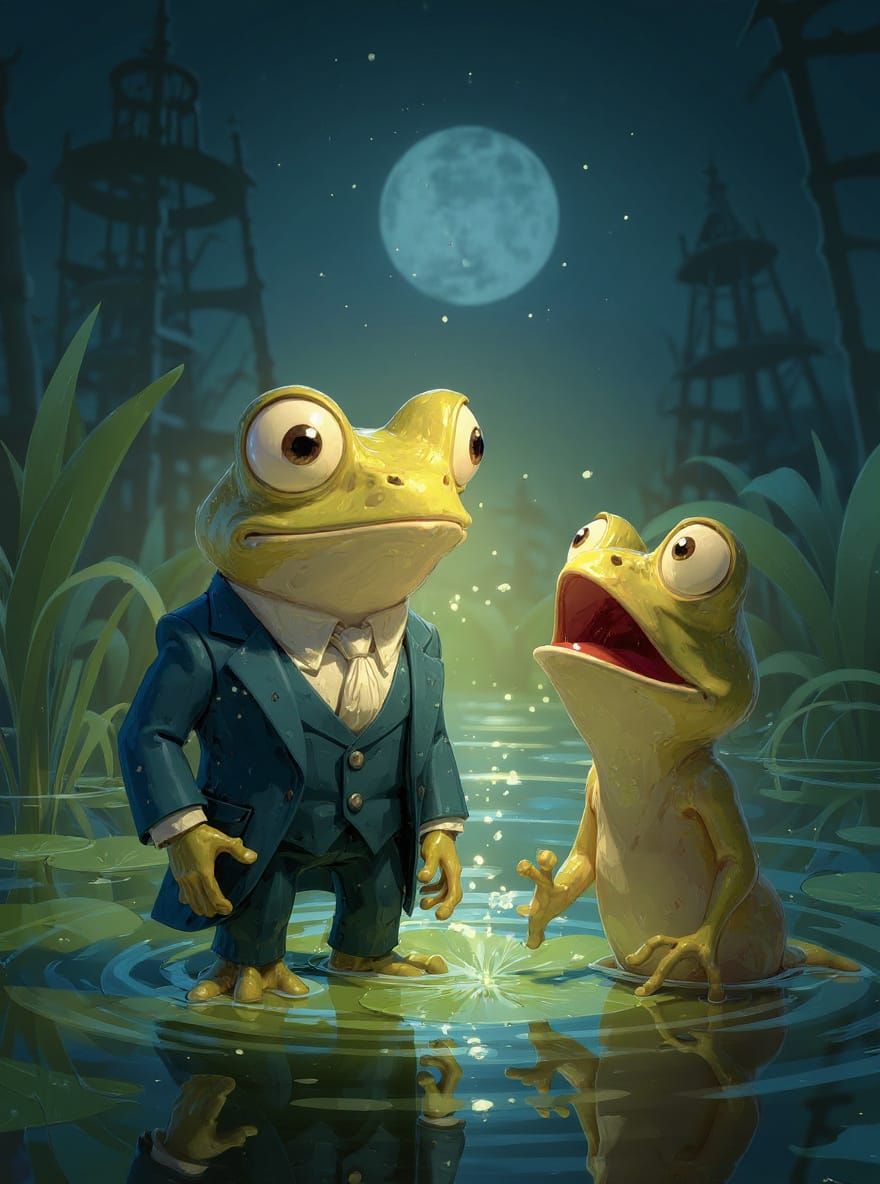 Dapper Frog Encounter in Moonlit Swamp: 3D Digital Art