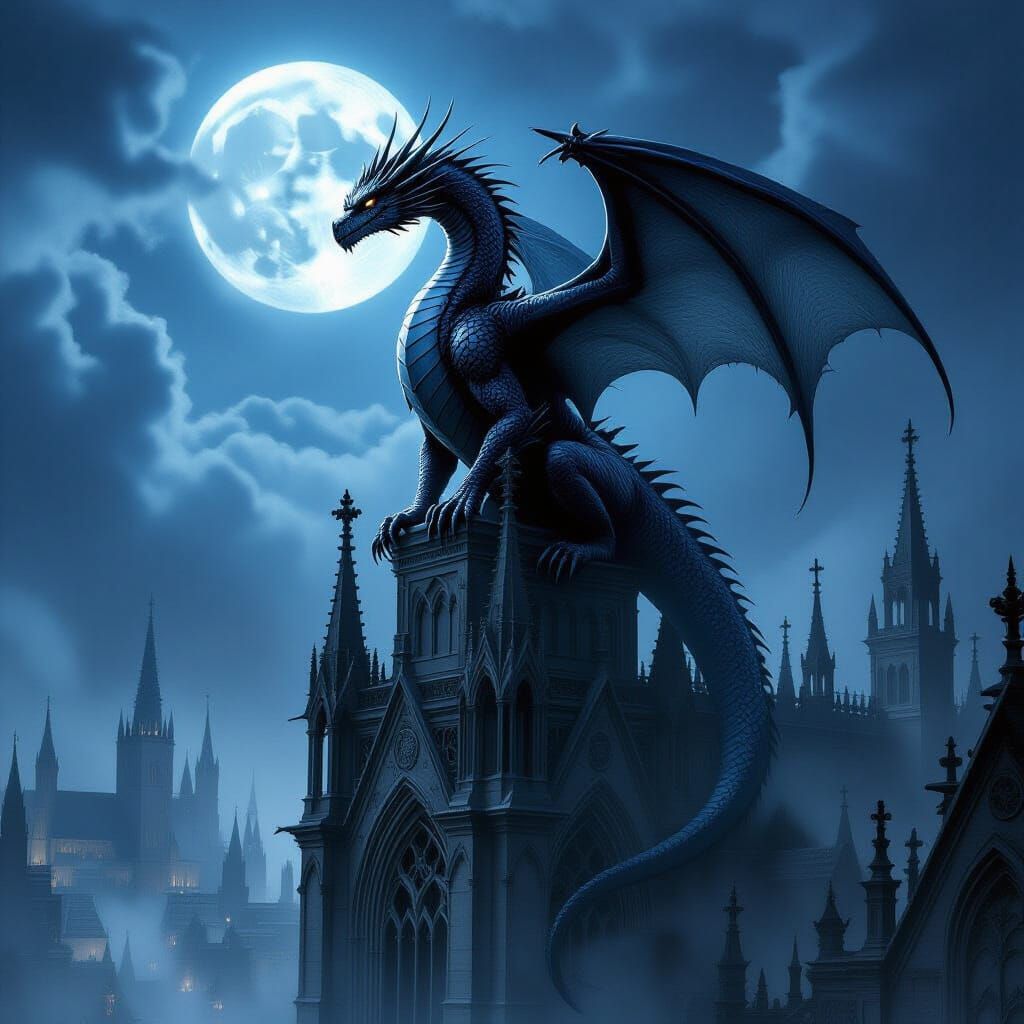 Dragon on Gothic Cathedral in Ethereal Moonlight